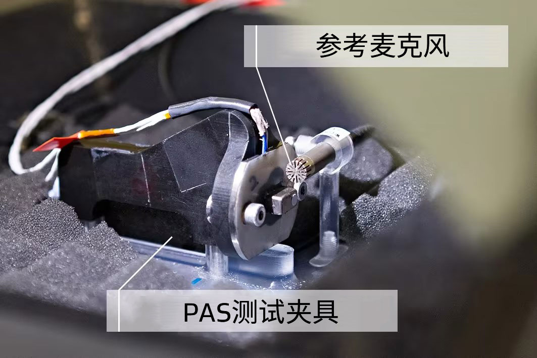 圖1b：安裝在消聲箱內(nèi)并帶有參考麥克風(fēng)的PAS測(cè)試夾具。